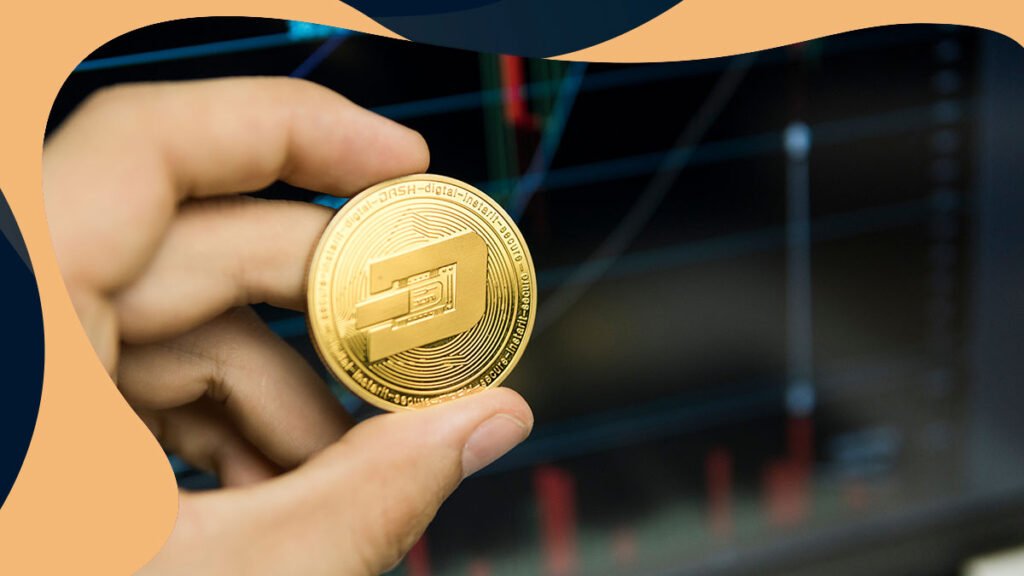 Holding a DASH coin with crypto diagram background