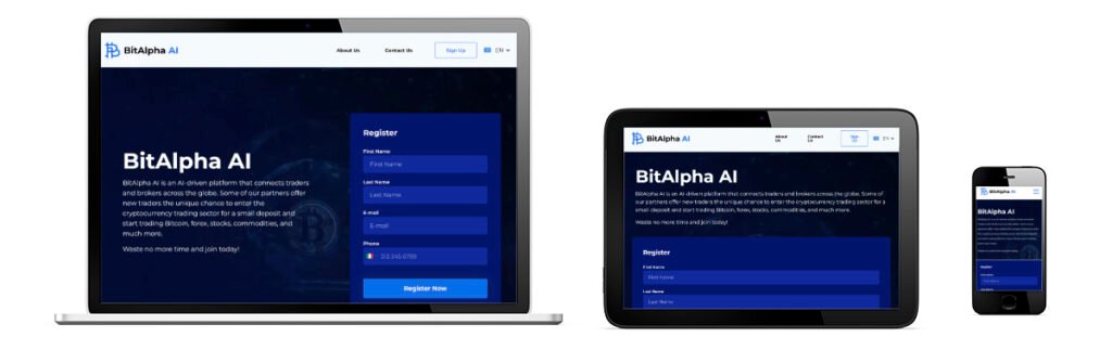Pré-visualização do website da BitAlpha AI em diferentes dispositivos