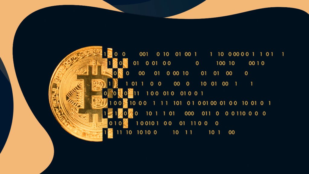 Bitcoin con código binario tecnológico sobre fondo negro