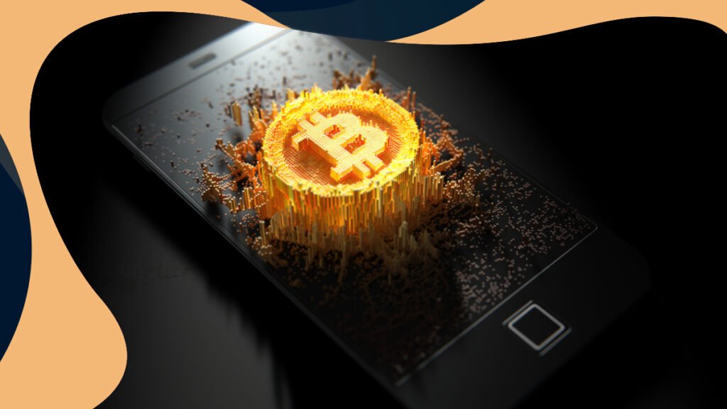 Concepto 3D de un símbolo de bitcoin en un smartphone