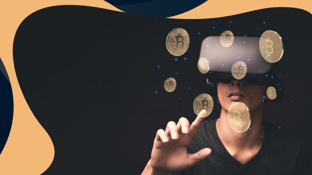man with virtual reality glasses trading bitcoin cryptocurrency